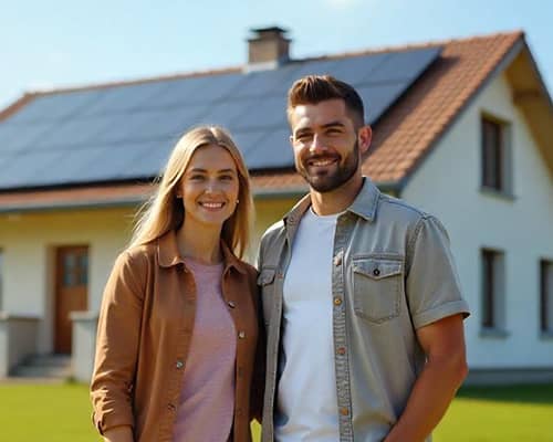 Happy Couple Standing in Front of Their House with Solar Panels